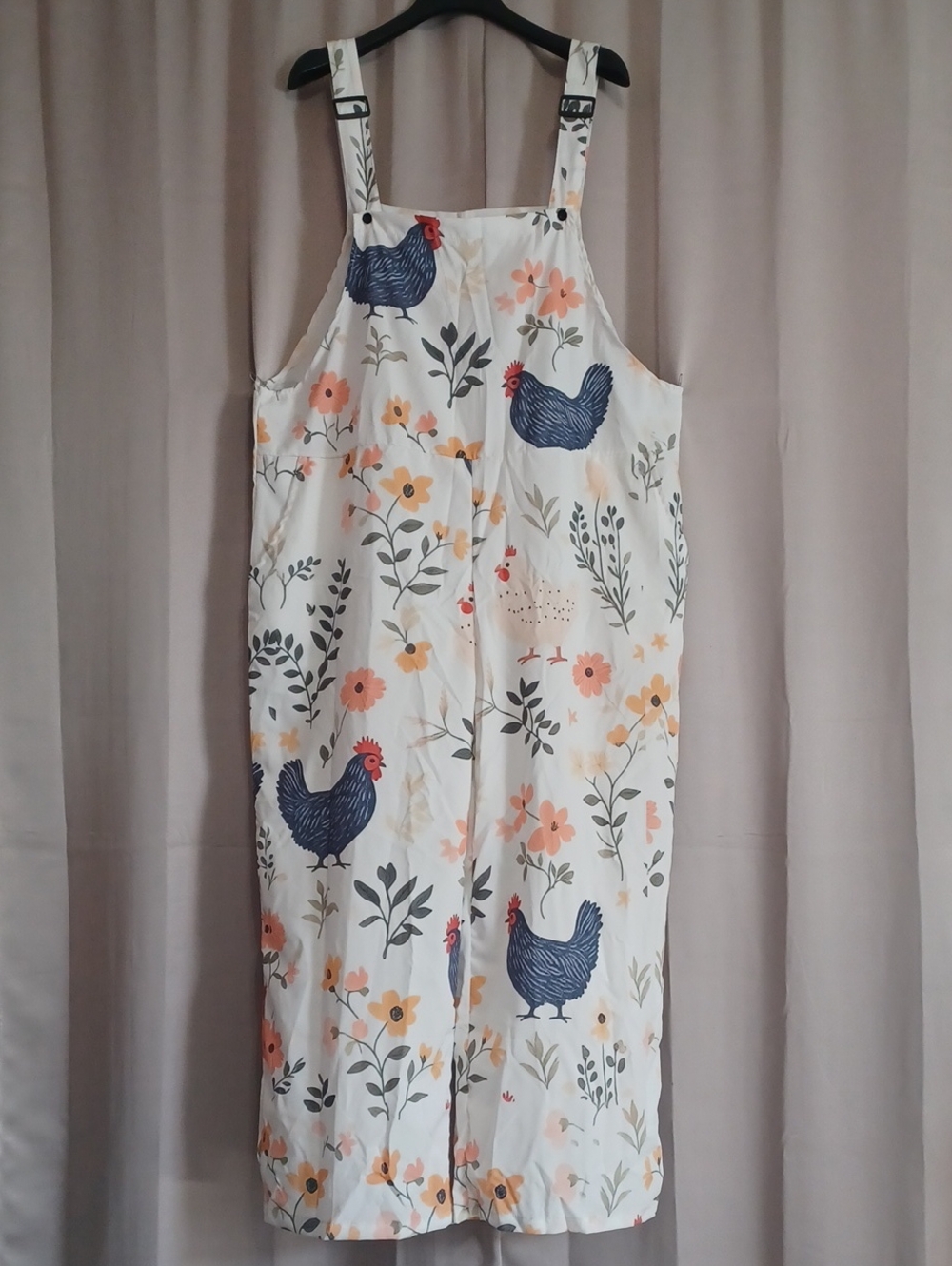 XL Whimsical Chicken Floral Wide Leg Overall Bib Jumpsuit Pockets Lightweight